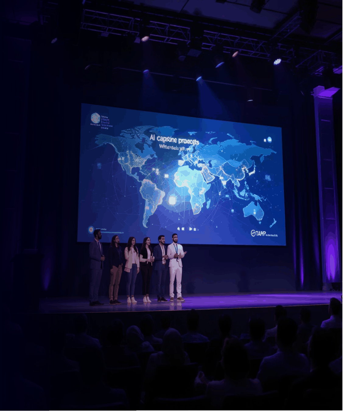 Students presenting a capstone project on a large screen