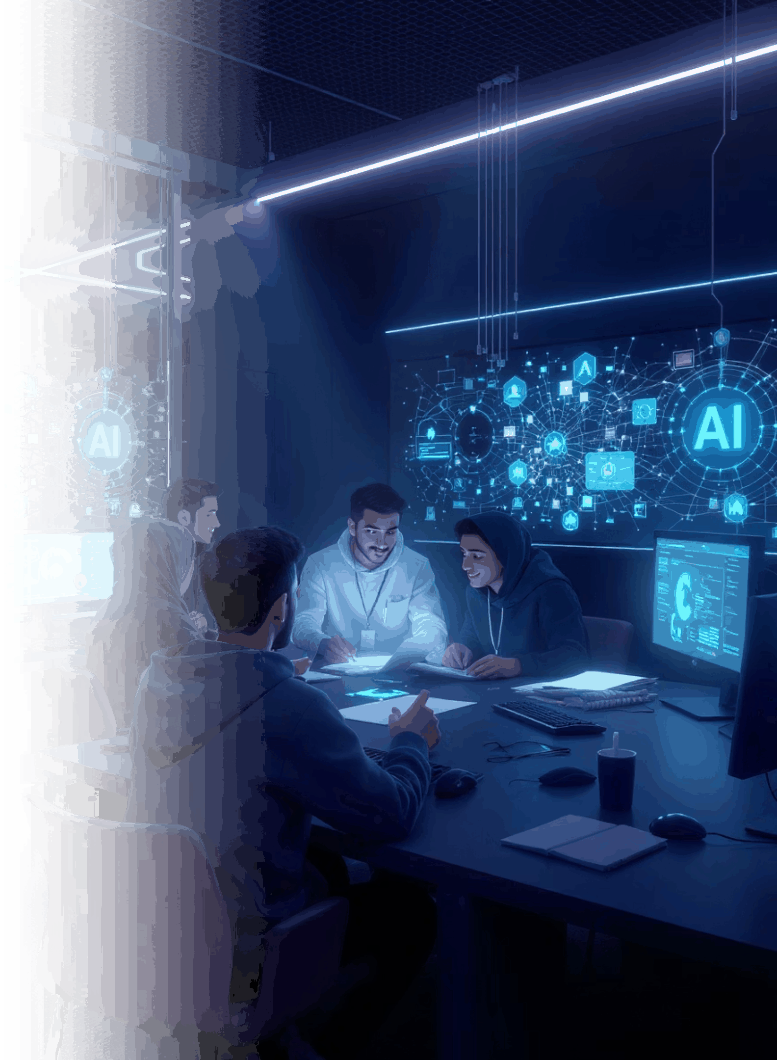 Team collaborating in a high-tech room